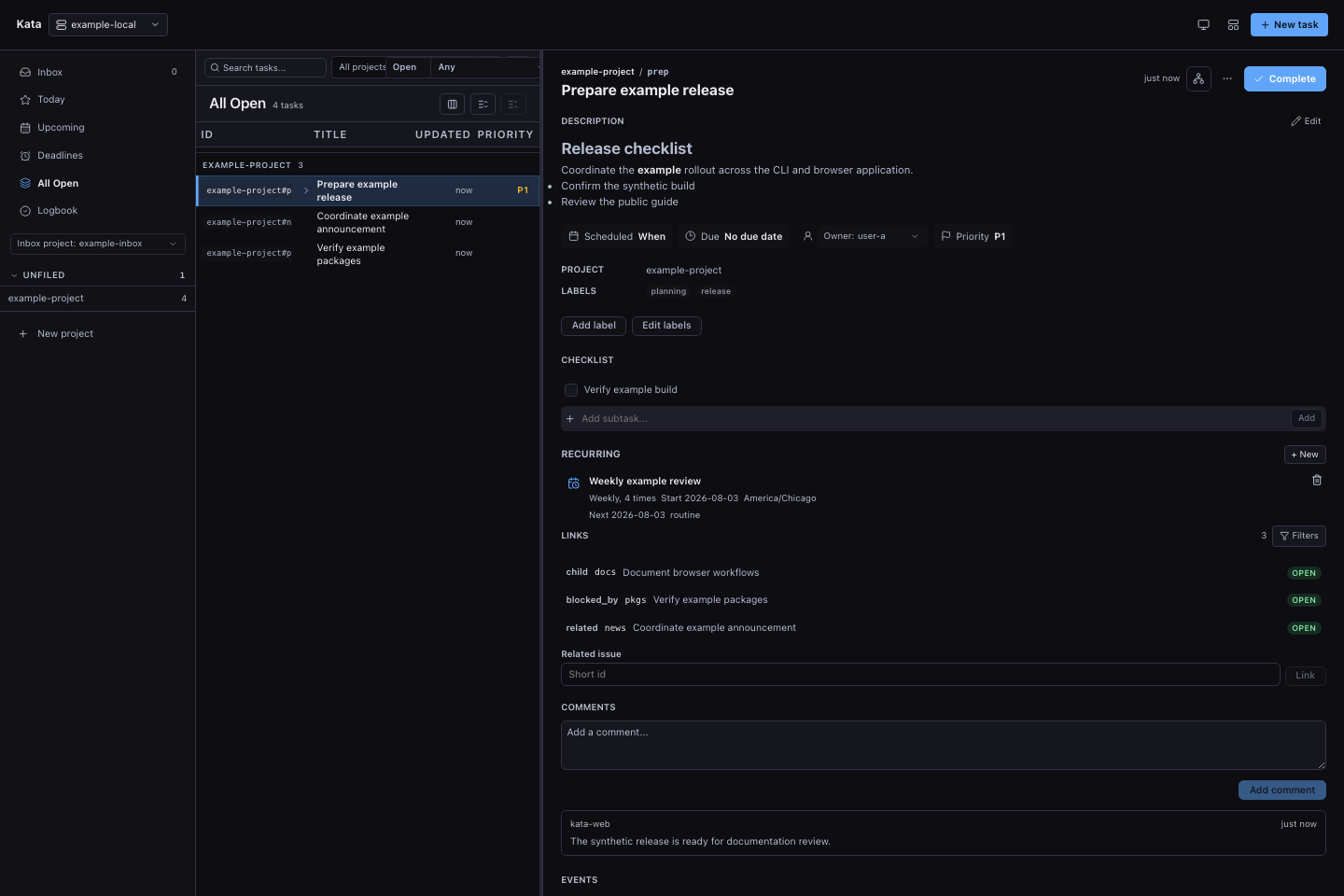 Kata Web UI issue detail with Markdown, properties, recurrence, links, checklist, and comment