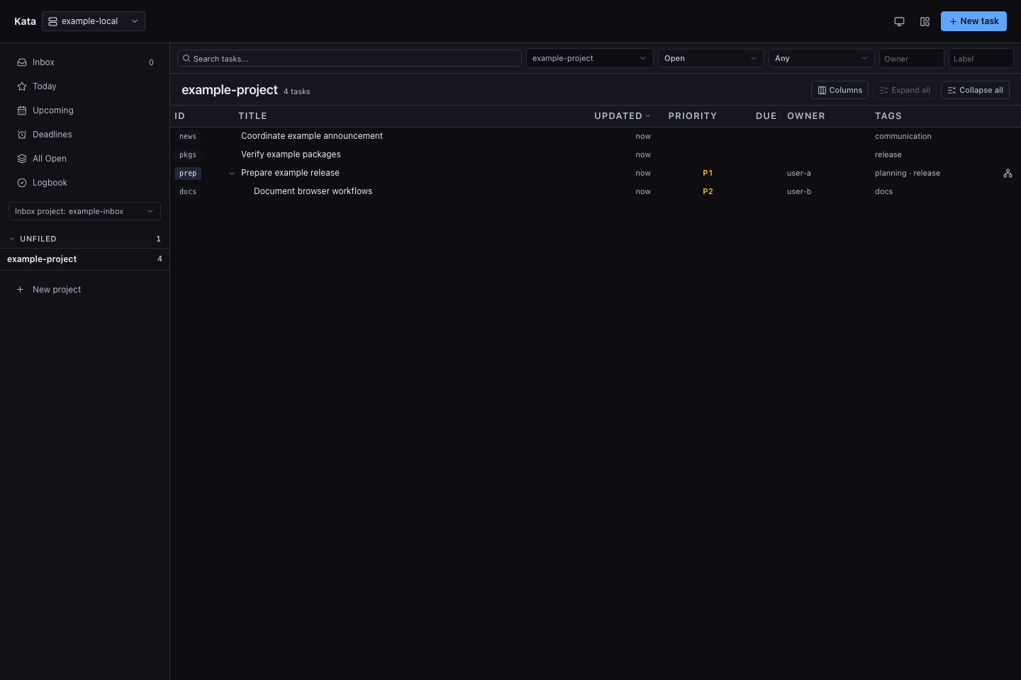 kata Web UI showing a synthetic project and issue hierarchy